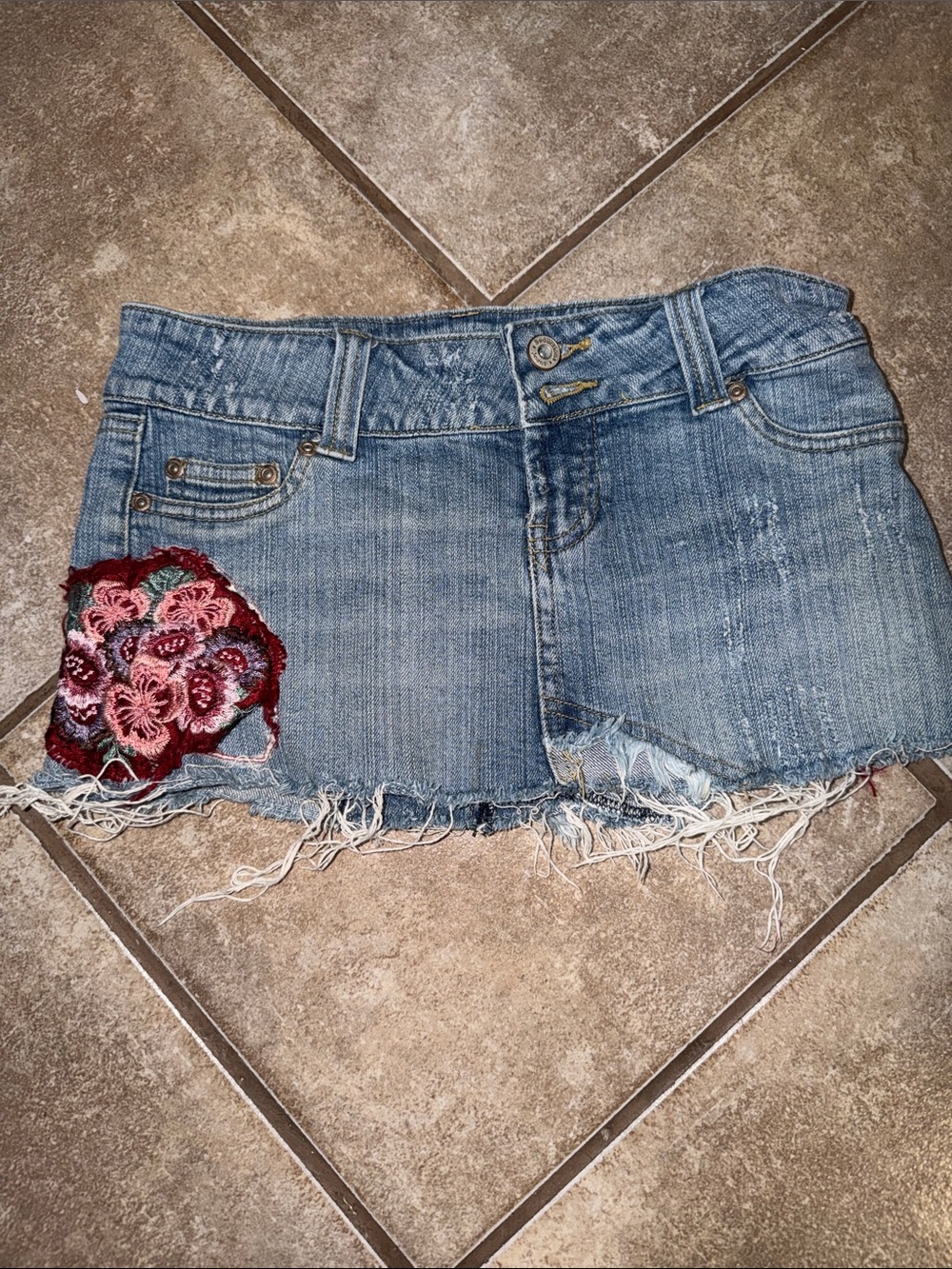 Denim Mini Skirt with Floral Patch - Blue